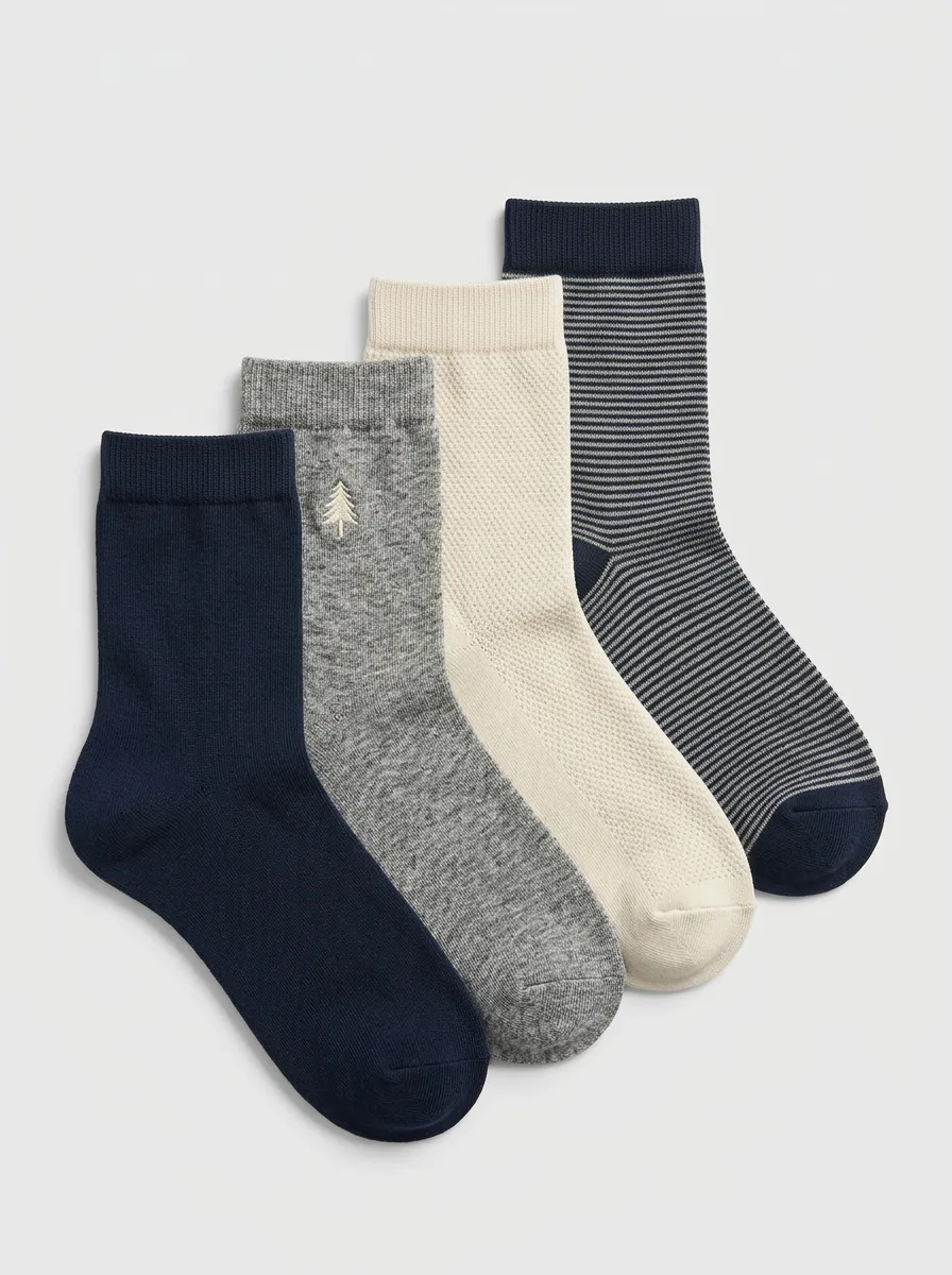 Men's Crew Socks Four-Pair Pack with Pine Tree Motif Striped Tree Motif Heathered Texture