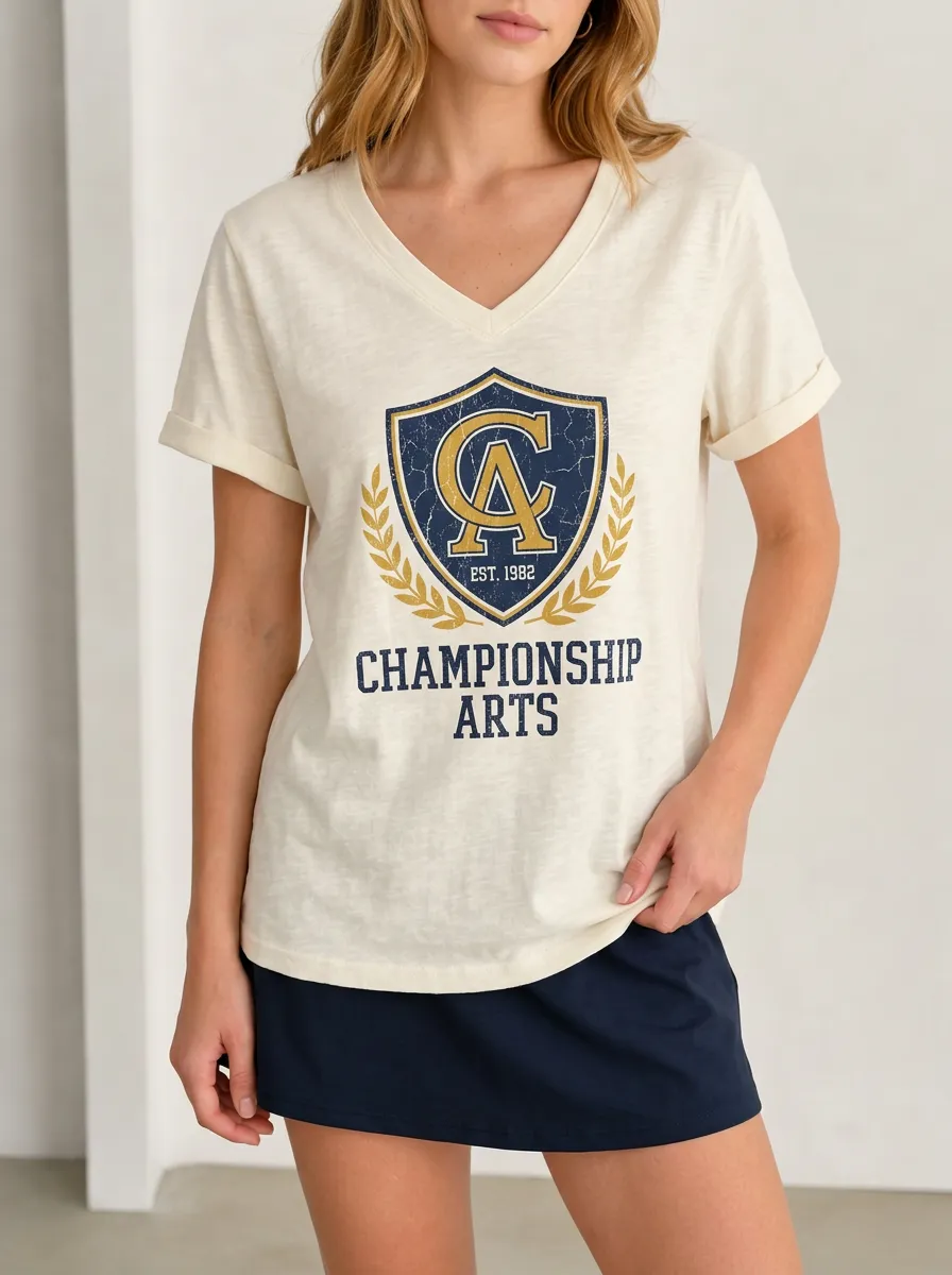 Women's Championship Arts Shield Logo Printed V-Neck T-Shirt