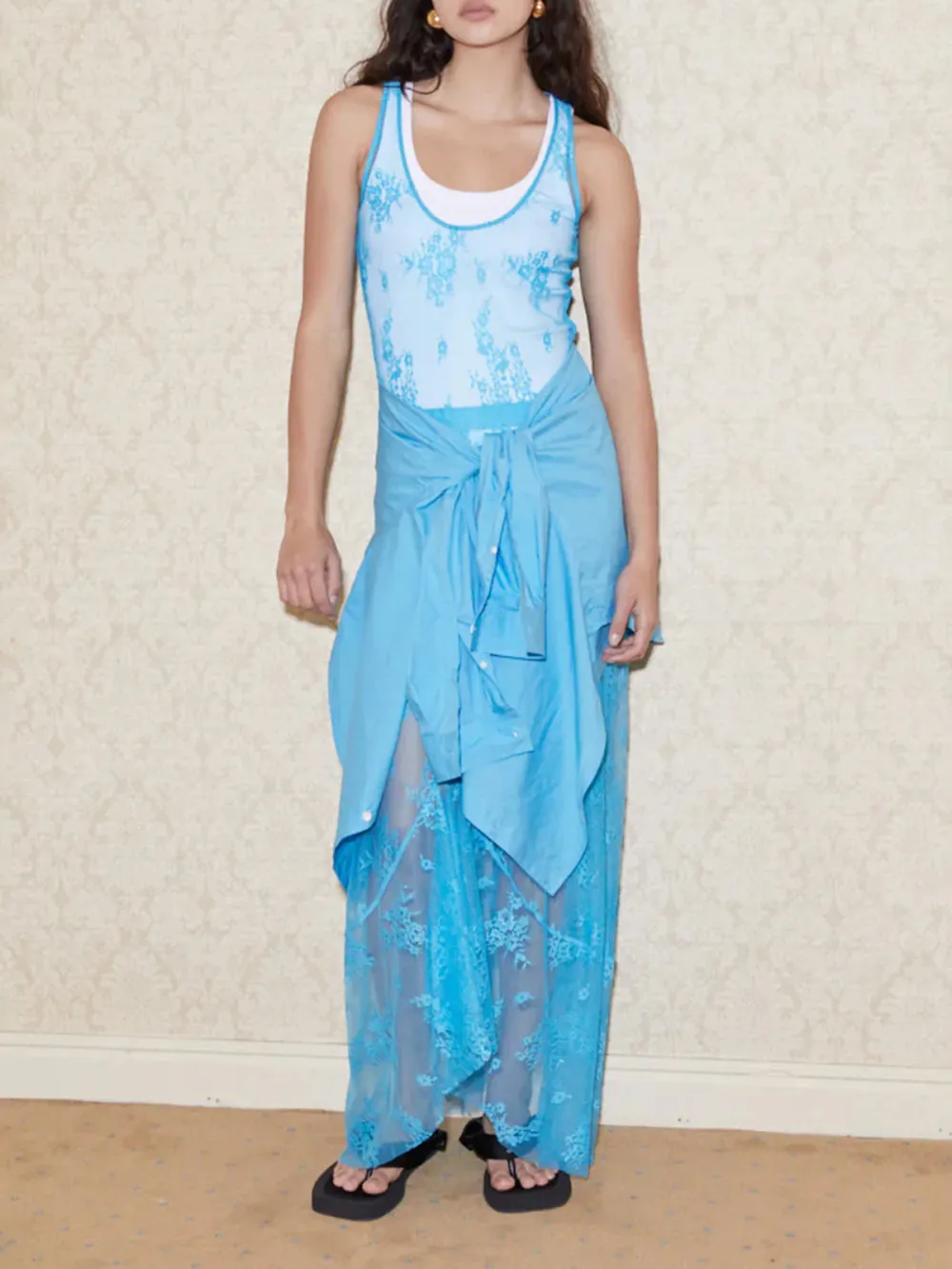 Casual Style Art Graphic Top Blue