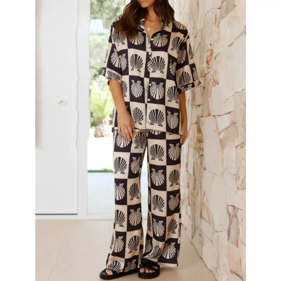 Printed Collared Neck Top and Wide Leg Pants Set