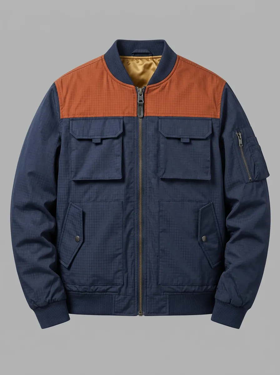Men's Casual Outdoor Colorblock Grid Pattern Zip Bomber Jacket