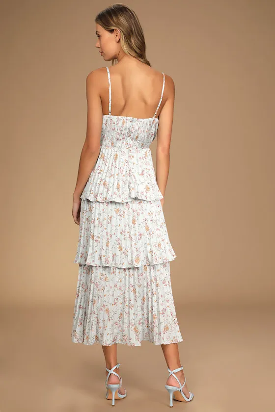 Cascading Crush Light Blue Tiered Bustier Midi Dress