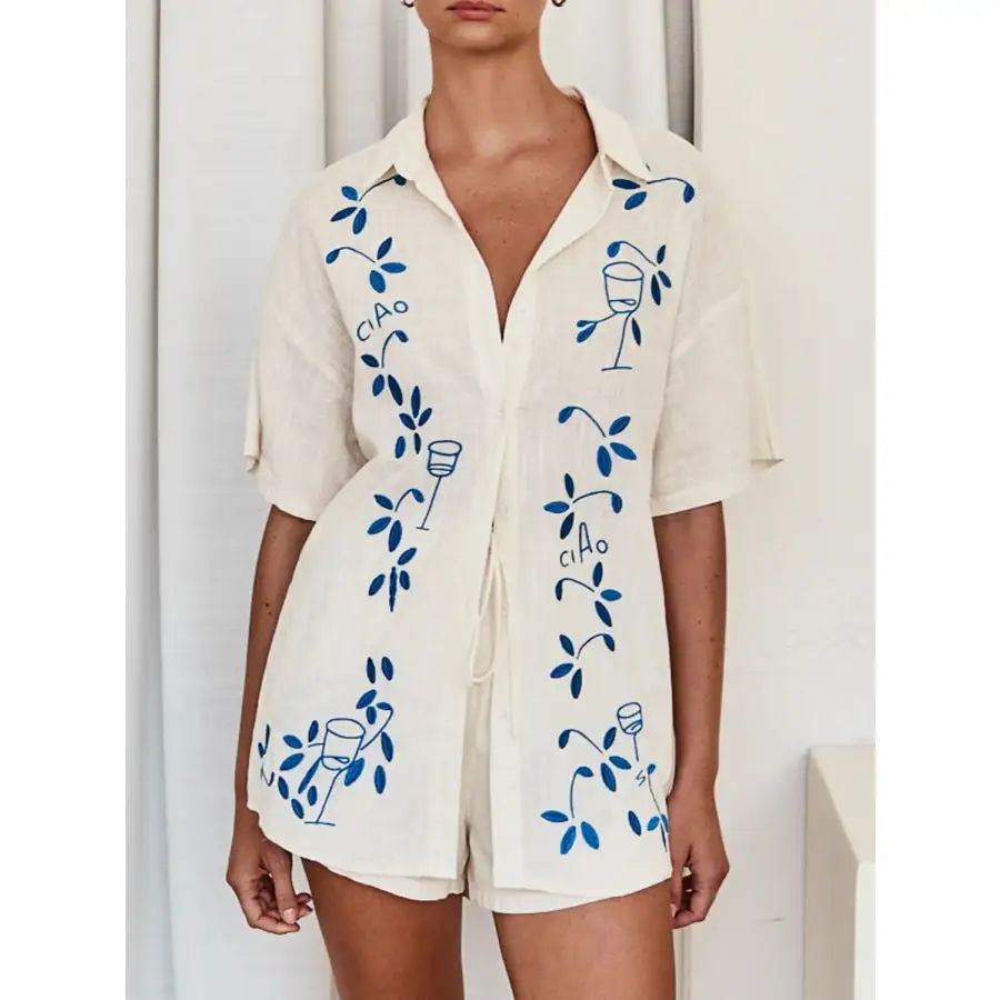 Embroidered Button Up Half Sleeve Top and Shorts Set