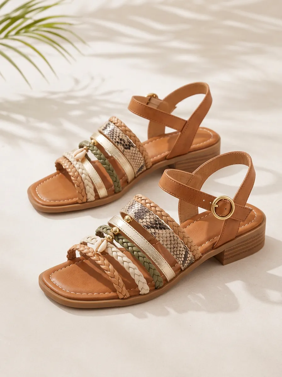 Women's Bohemian Snake Print Braided Strap Sandals