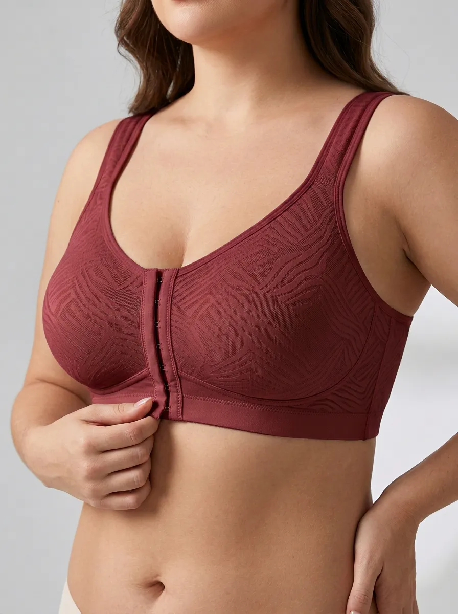 Women's Plus Size Beige Geometric Front-Closure Full-Coverage Wireless Bralette
