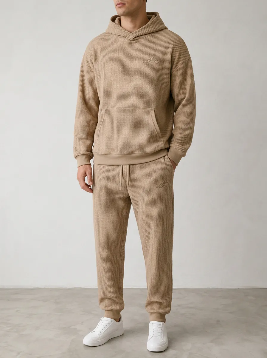 Men's Minimalist Mountain Logo Embroidered Waffle Knit Hoodie