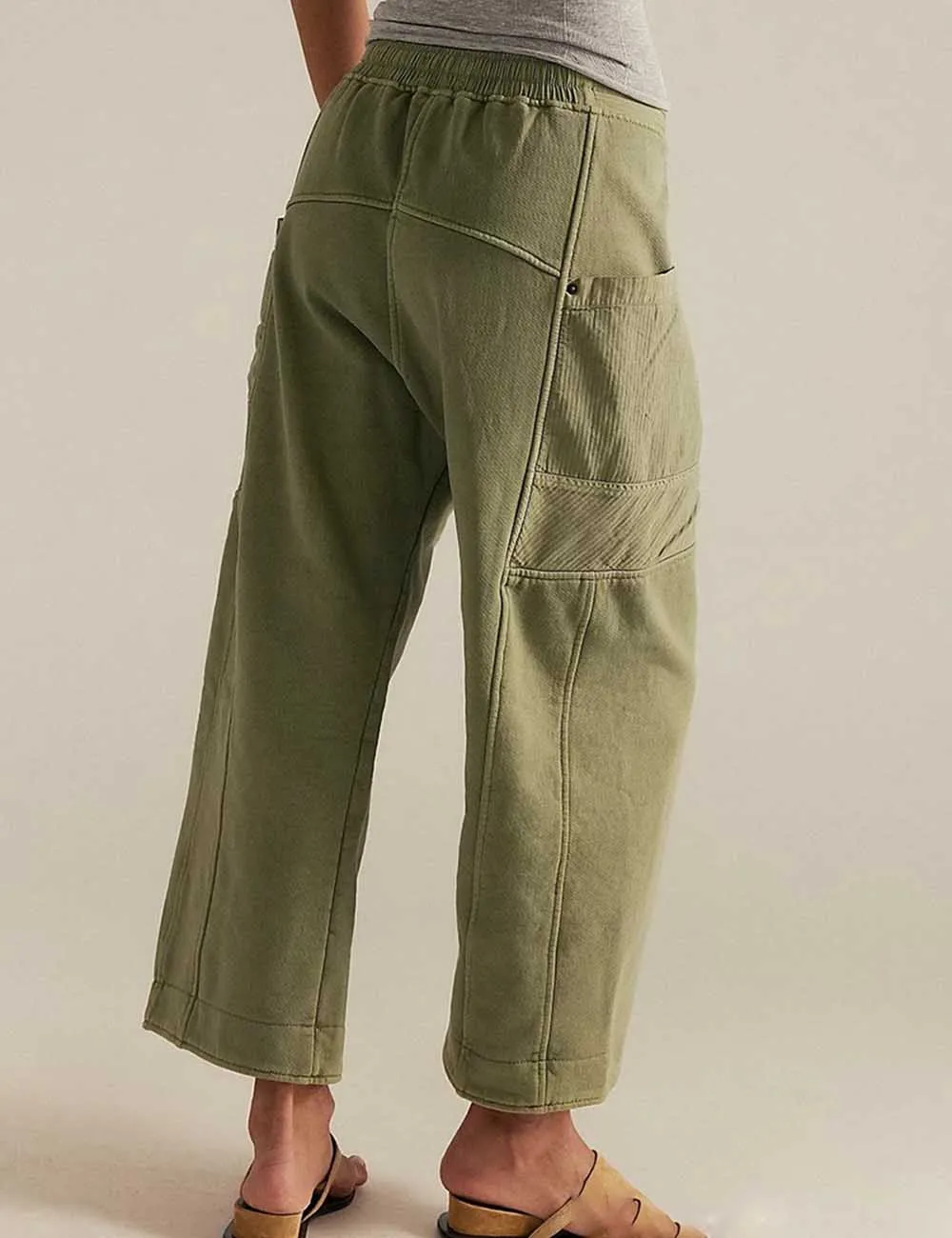 Elastic Waist Drawstring Pocket Straight Leg Denim Pants