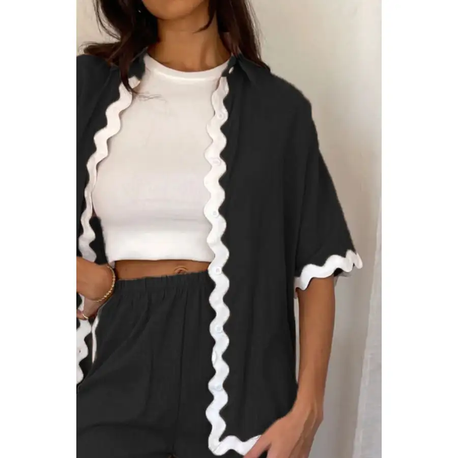 Relaxed Contrast Trim Half Sleeve Top and Pants Set