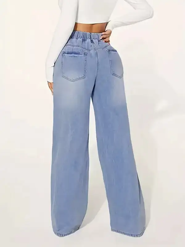 High Waist Relaxed Fit Straight Leg Seamed Drawstring Elastic Waist Jeans