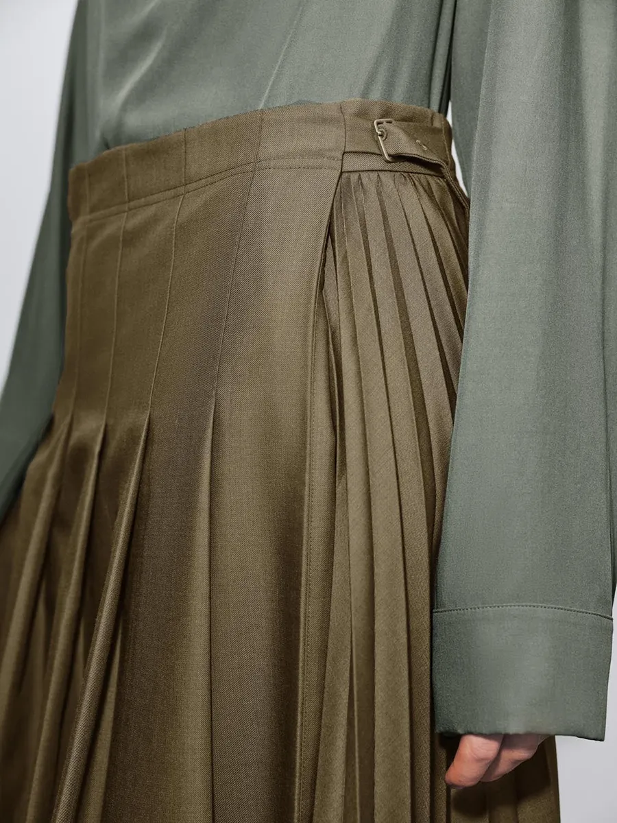 Ladies Khaki Green Irregular Commuter Pleated Long Dress