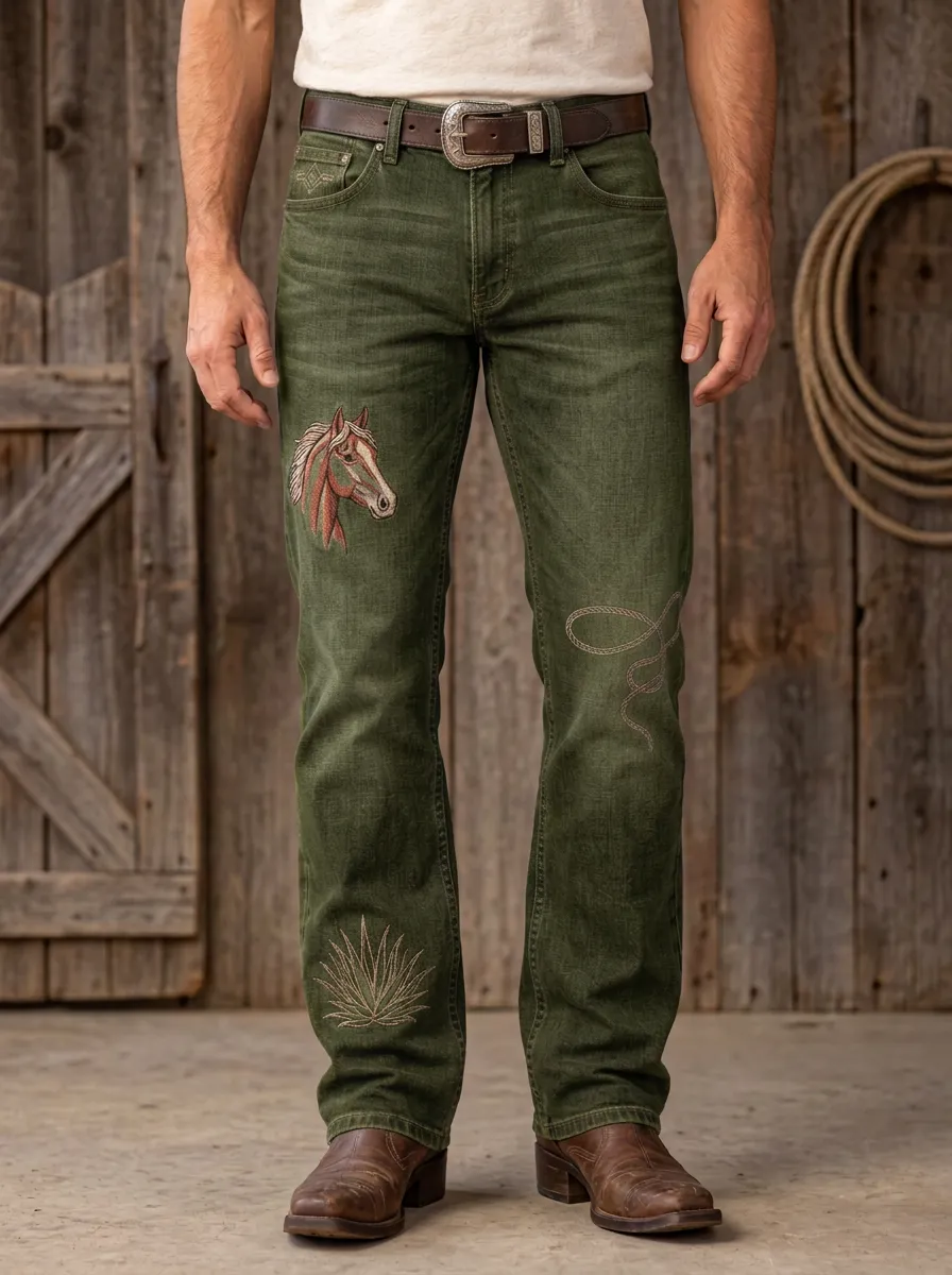 Men's Western Cowboy Horse Lasso Agave Embroidered Jeans
