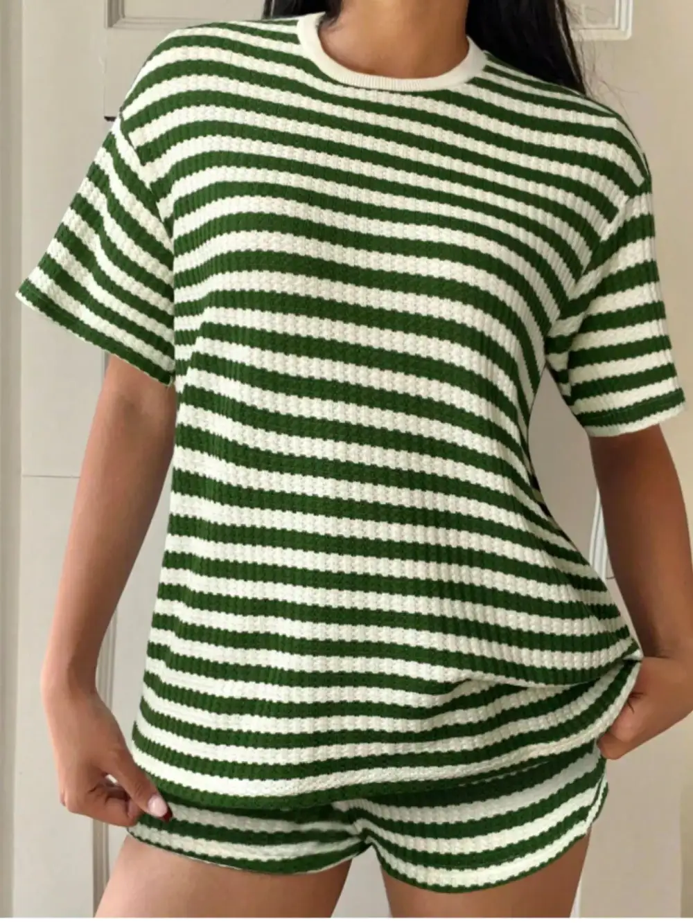 Easy Striped Round Neck Top and Shorts Set