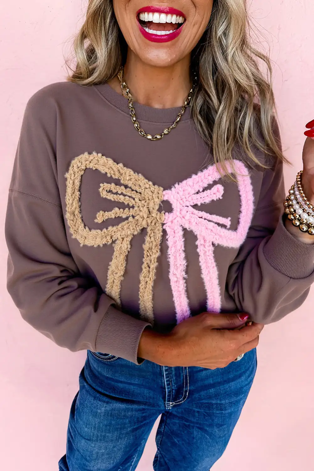 Bow Accent Drop Shoulder Contrast Trim Sweatshirt