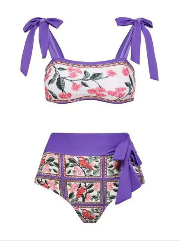 High Waist Blocked Pattern Printed Sun Swimsuit