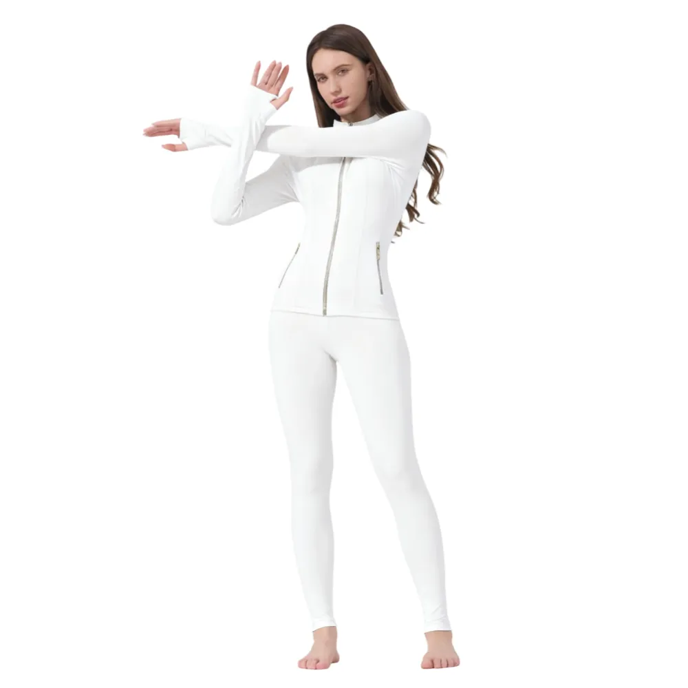 Women's Sporty Tracksuit Set , Golden Zipper Jacket with Pockets & Yoga Pants