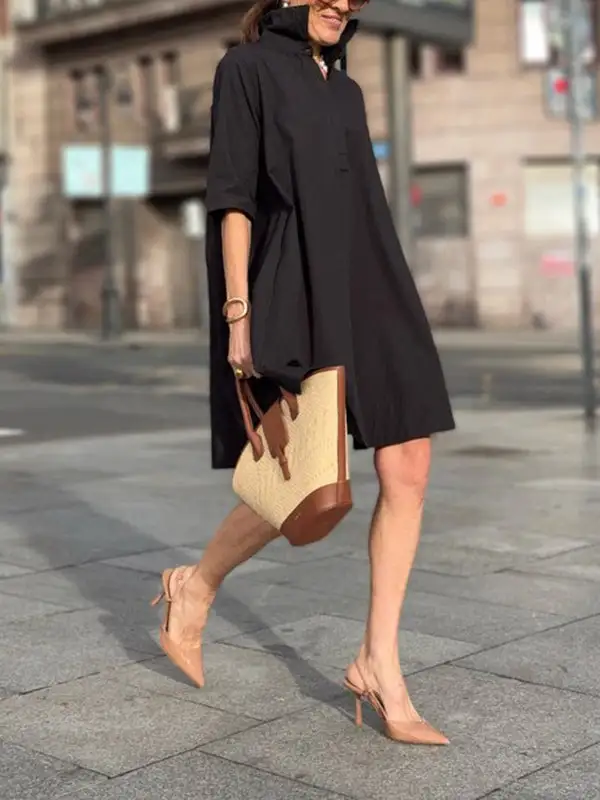 A Line Short Sleeve Solid Color Split Joint Lapel Mini Dress