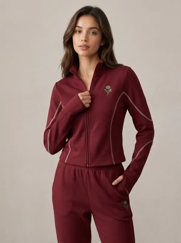 Women's Cream Embroidered Zip-Up Jacket & Jogger Set