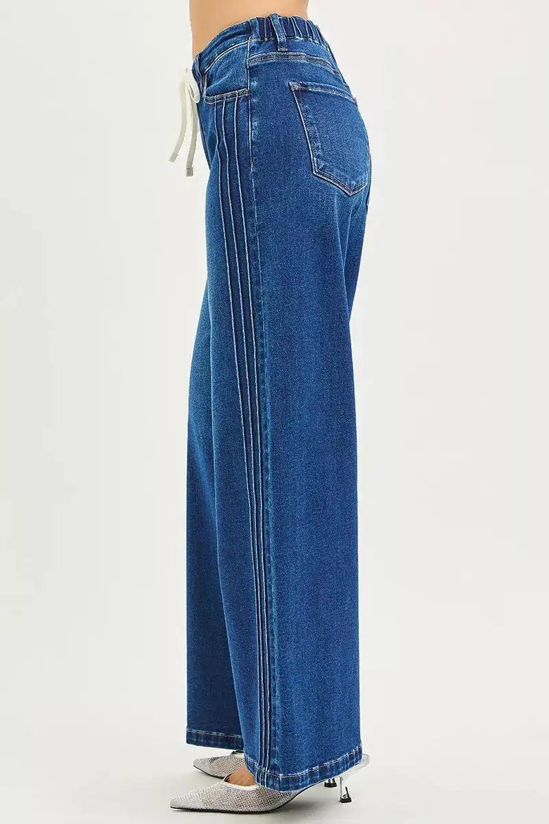 Mid Rise Wide Leg Drawstring Denim Jeans