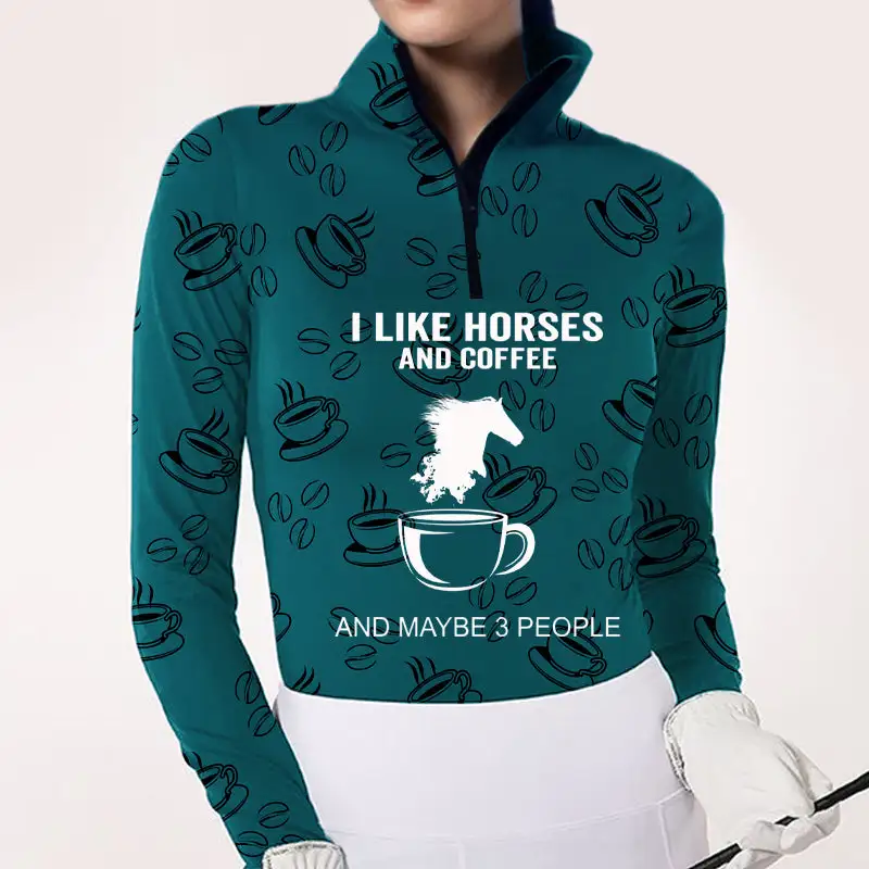 Women's Riding Style Horse And Coffee Print Long Sleeve Casual Shirt
