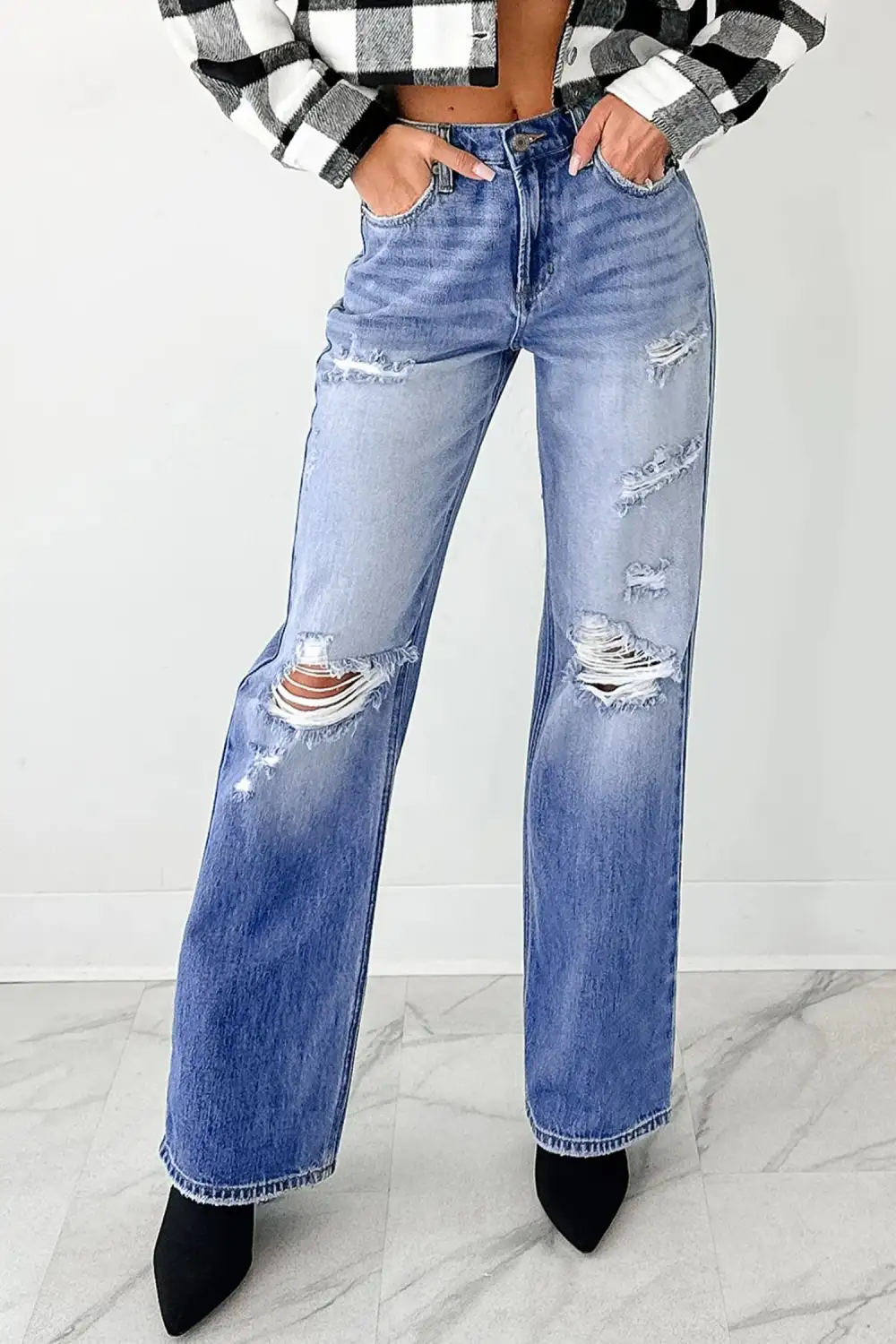 Mid-Rise Distressed Straight Leg Jeans