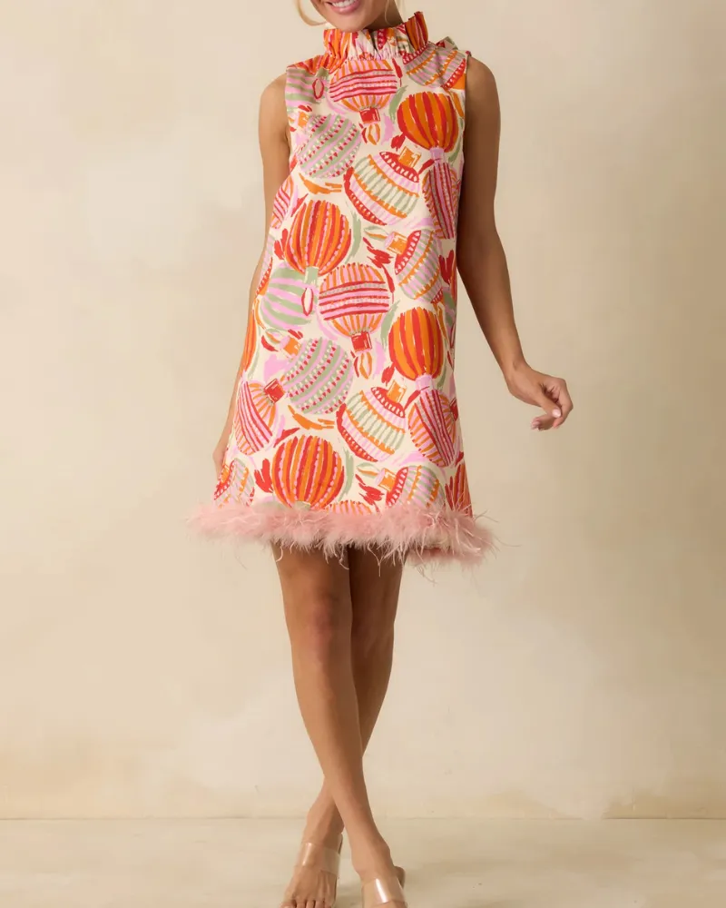 Ruffled Printed Mini Tie Detail Dress