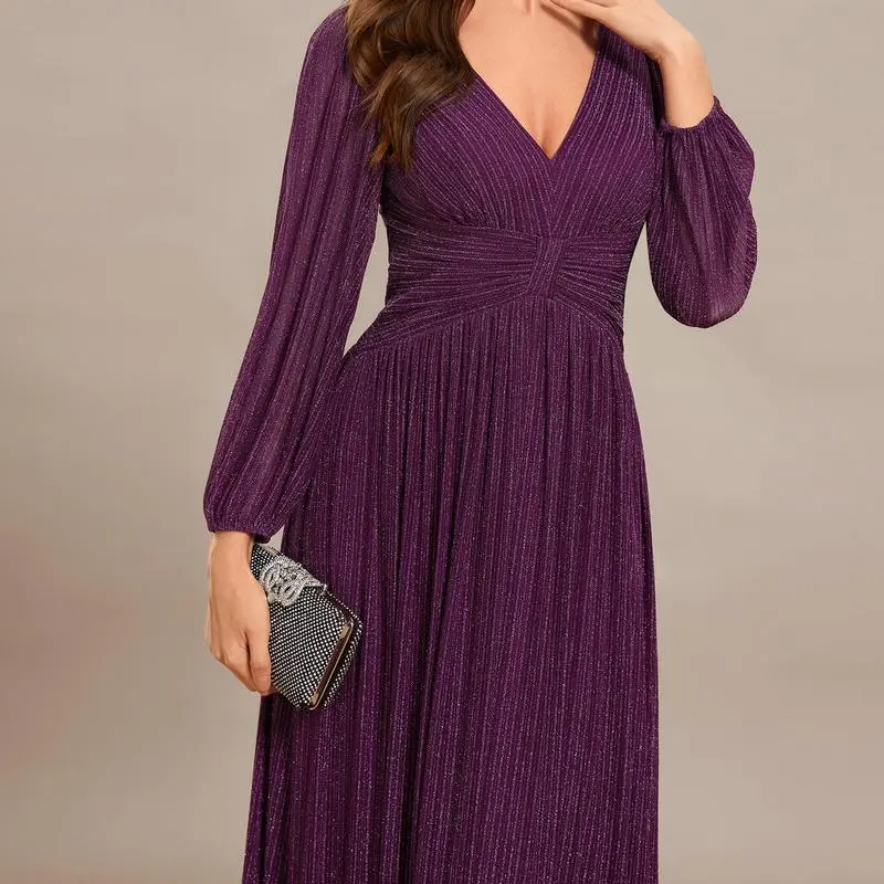 【EVER PRETTY 】curvy dress,Glittery Empire Waist A-Line Dress with Long Lantern Sleeves