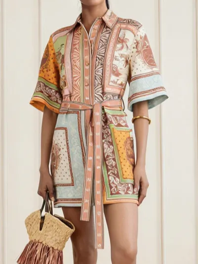 Retro Scarf Print Short Sleeved Mini Dress