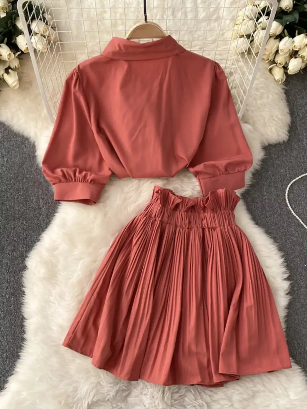 Puff Sleeve Pleated Coordinated Set
