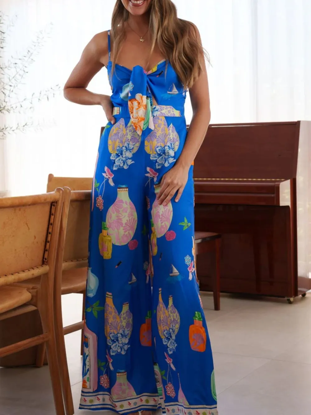 Printed Tie Front Wide Leg Jumpsuit