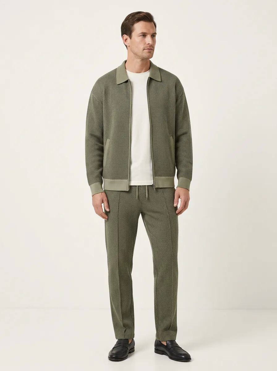 Men's Statement Houndstooth Polo Collar Jacket and Jogger Pants Set