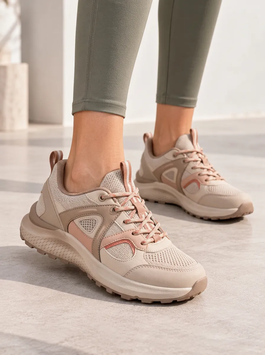 Beige Pink Mesh Patterned Leisure Shoes for Women's Casual Outings