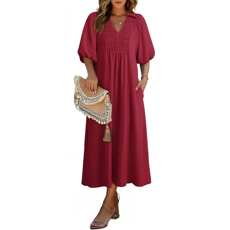 Casual V-neck puff-sleeve high-waist A-line long summer dress