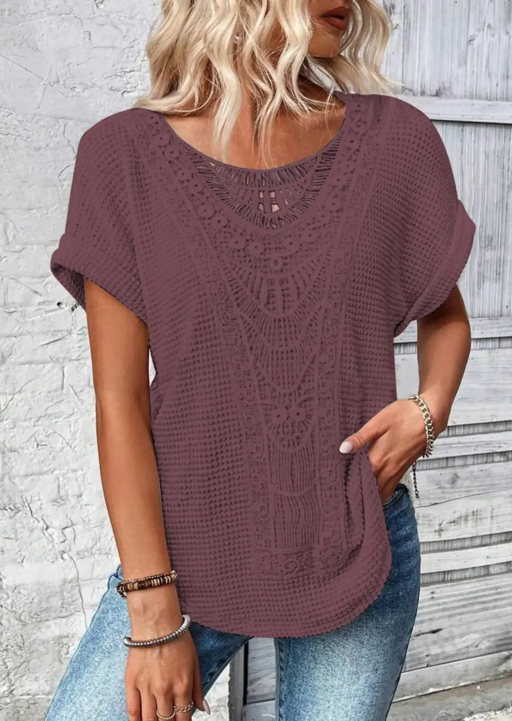 Refined Short-Sleeve Lace-Detail Knit T-Shirt