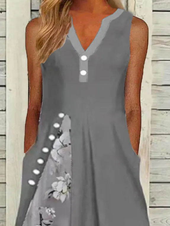 Casual Floral Print Sleeveless V Neck Midi Dress
