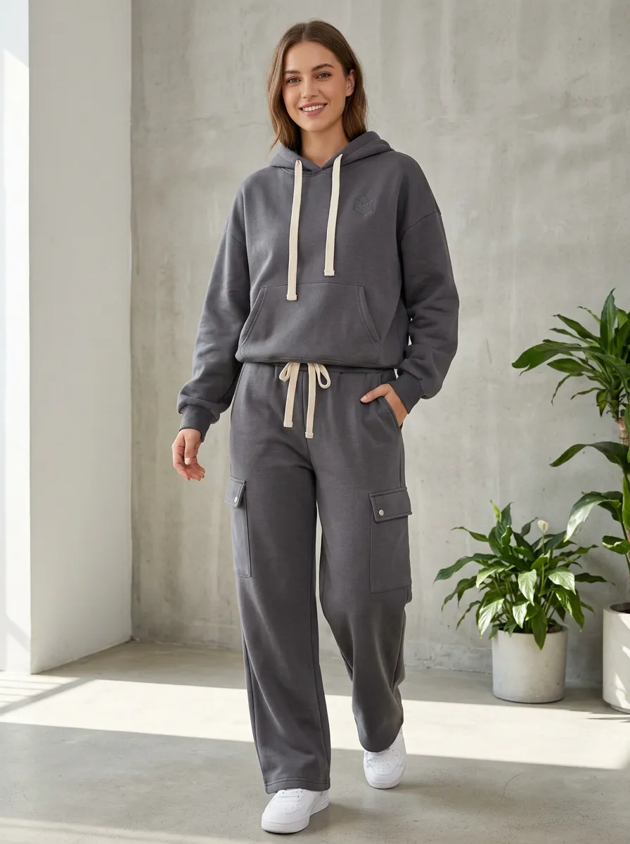 Women's Casual Sporty Minimalist Logo Printed Hoodie Cargo Jogger Set