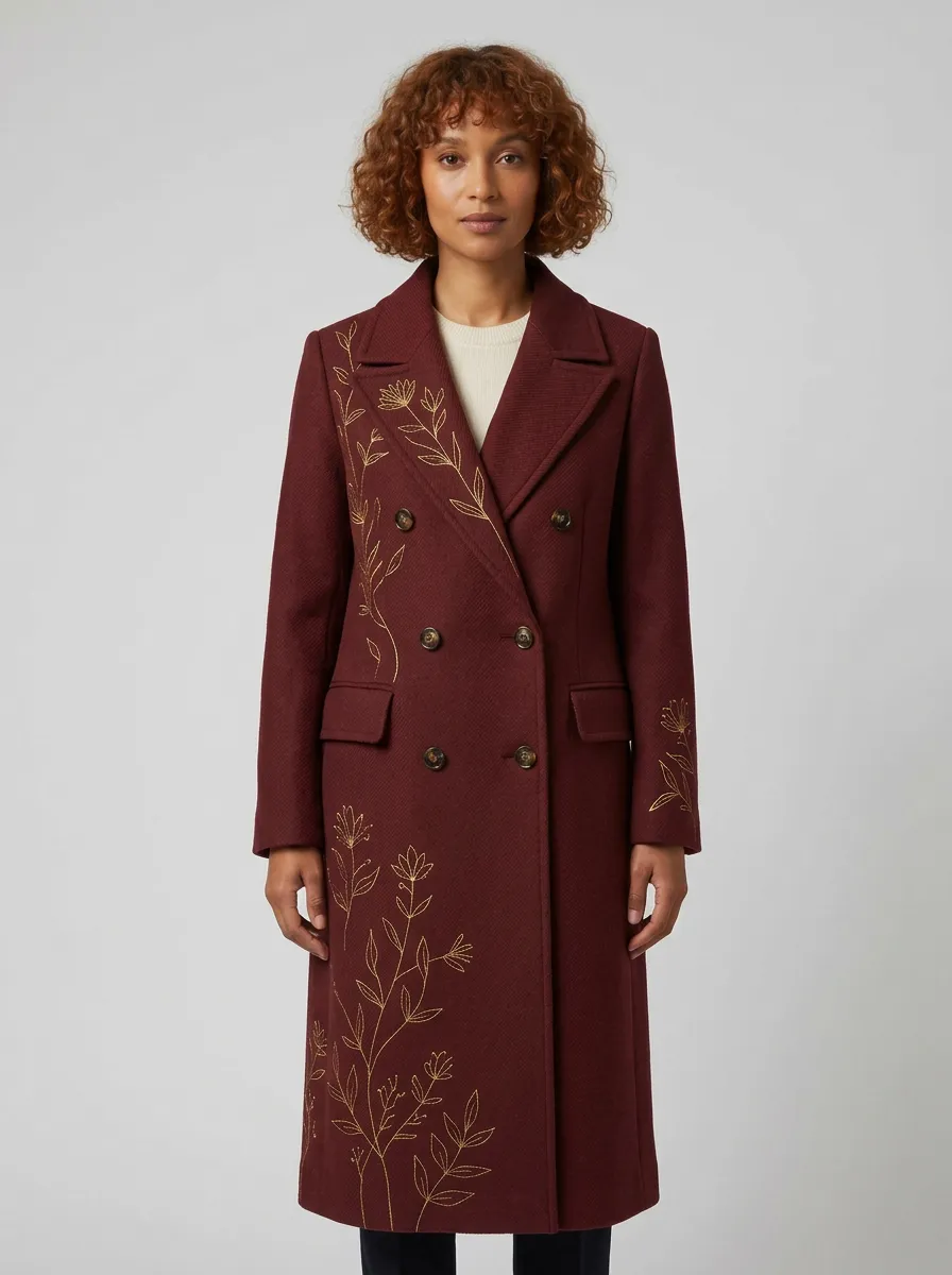 Women's Botanical Gold Floral Printed Wool Coat
