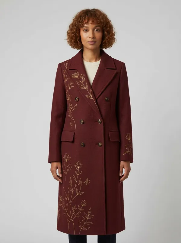 Women's Botanical Gold Floral Printed Wool Coat
