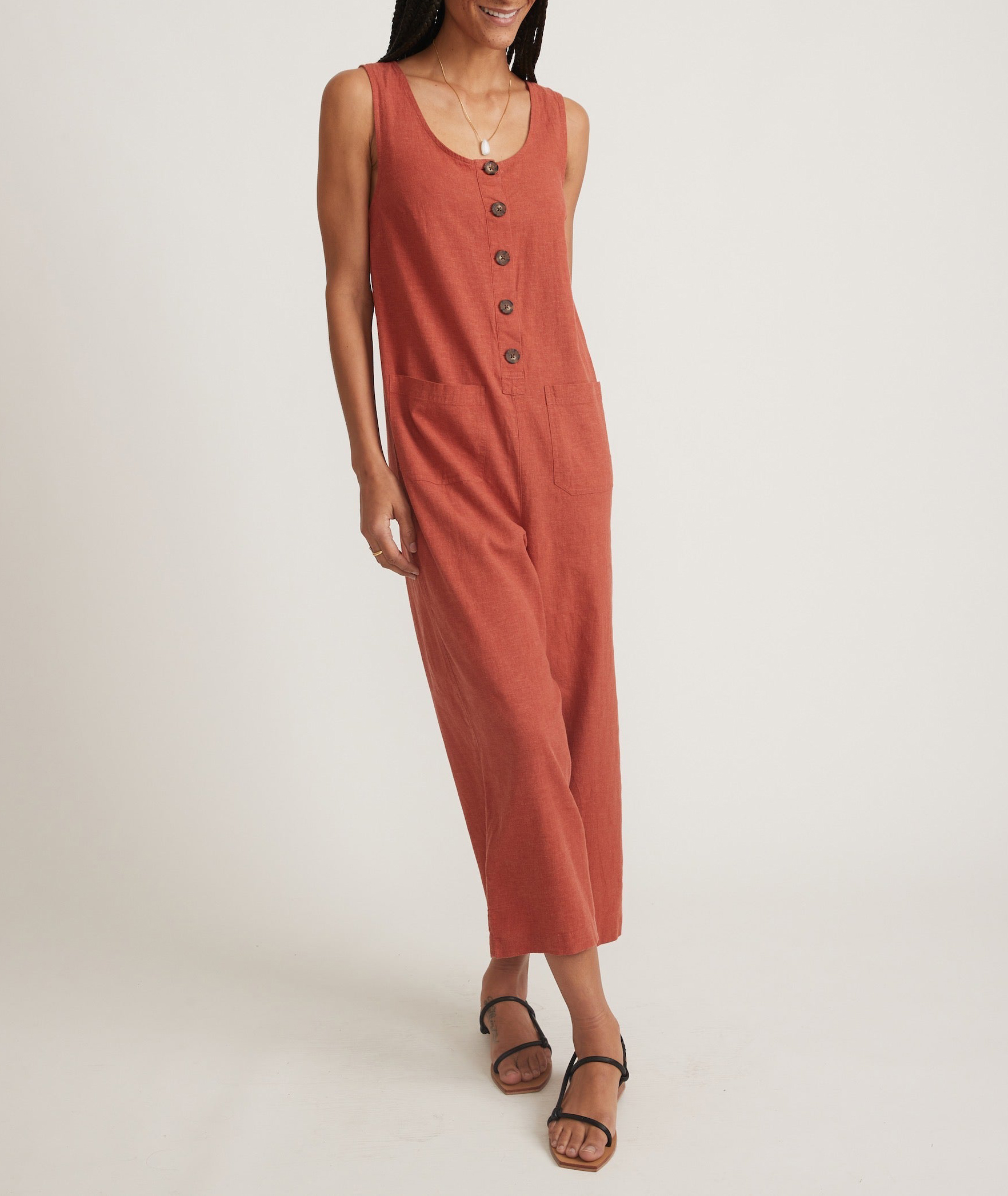 Button-Down Sleeveless Cotton Jumpsuit