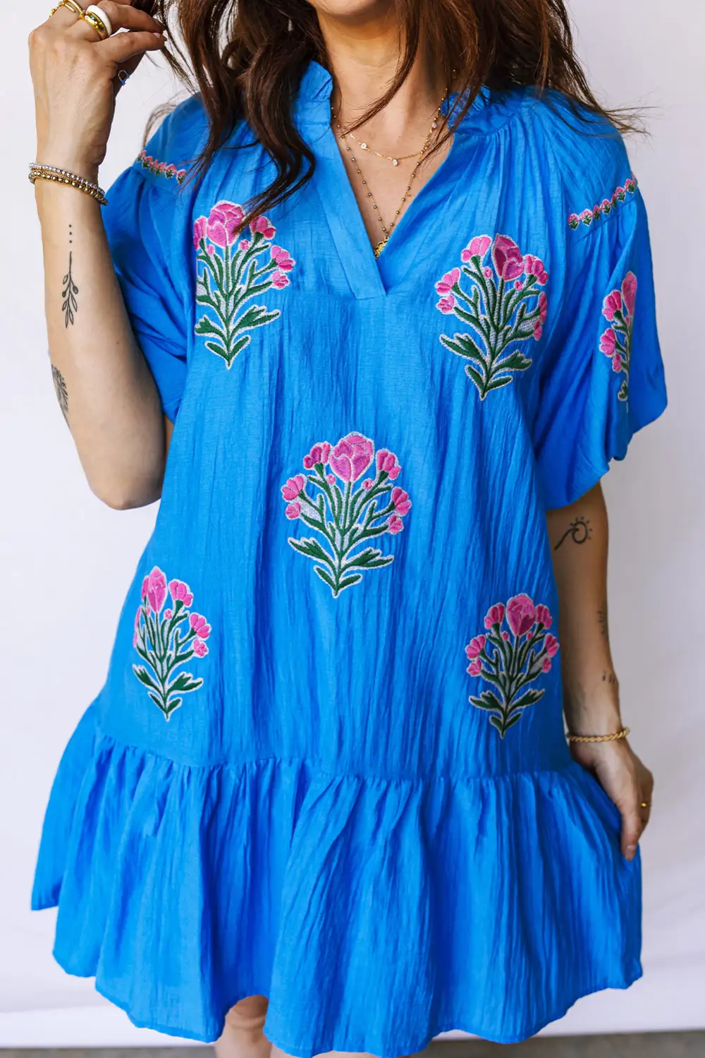 Polished Detail Floral Embroidered Split Neck Dress