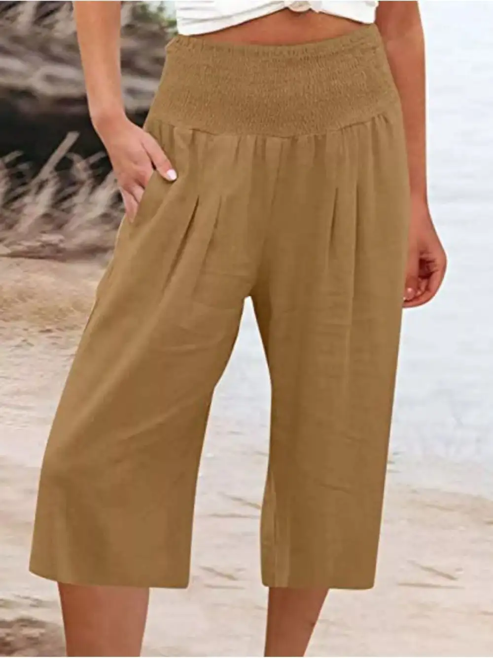 Smocked Wide Leg Capri Pants