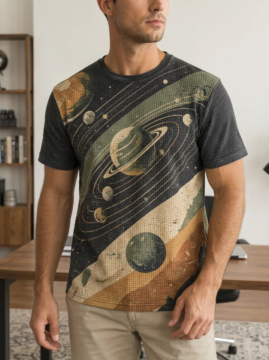 Men's Space Astronomy Saturn Planet Crew Neck T-Shirt