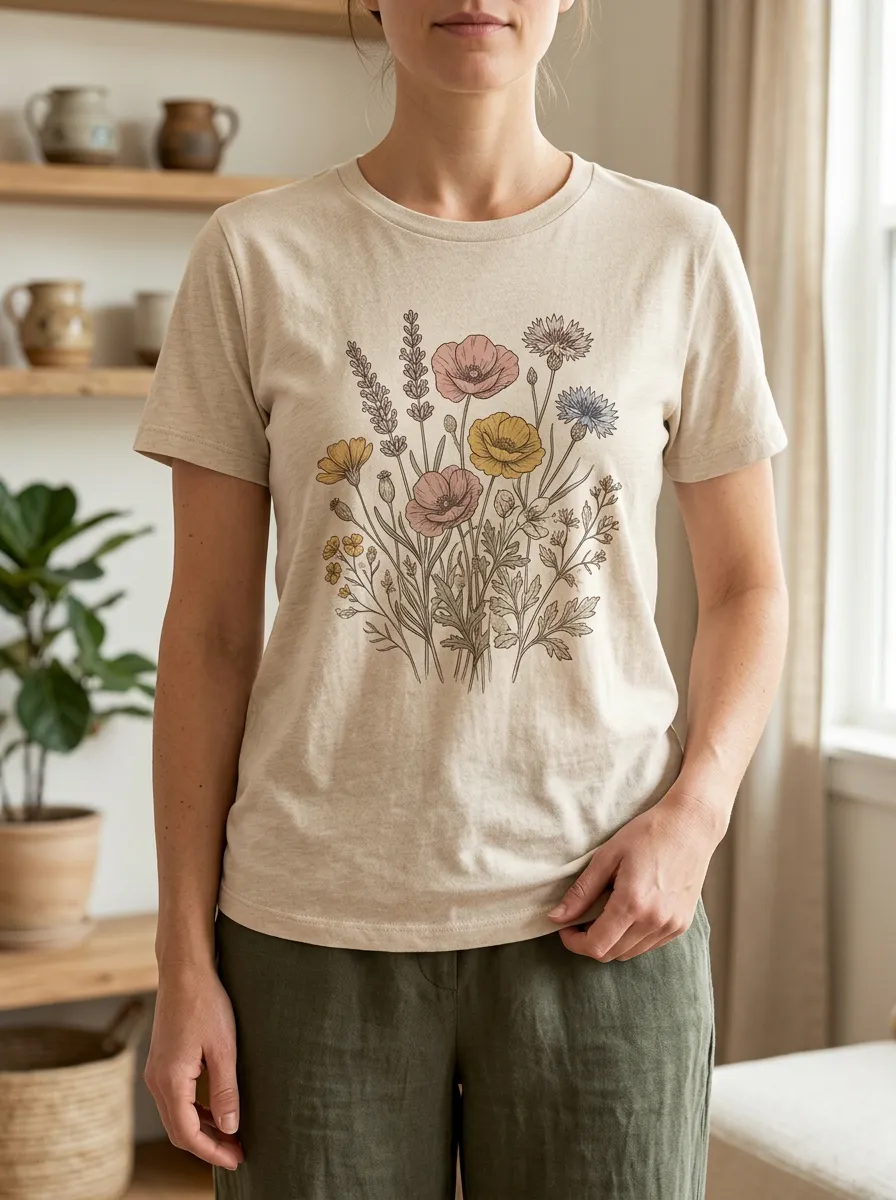 Women's Botanical Flower Lover Wildflower Printed T-shirt