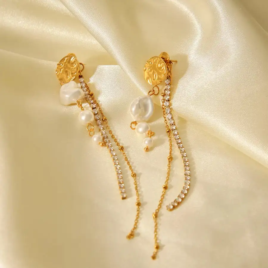 K Gold Plated Zircon Pearl Chain Earrings