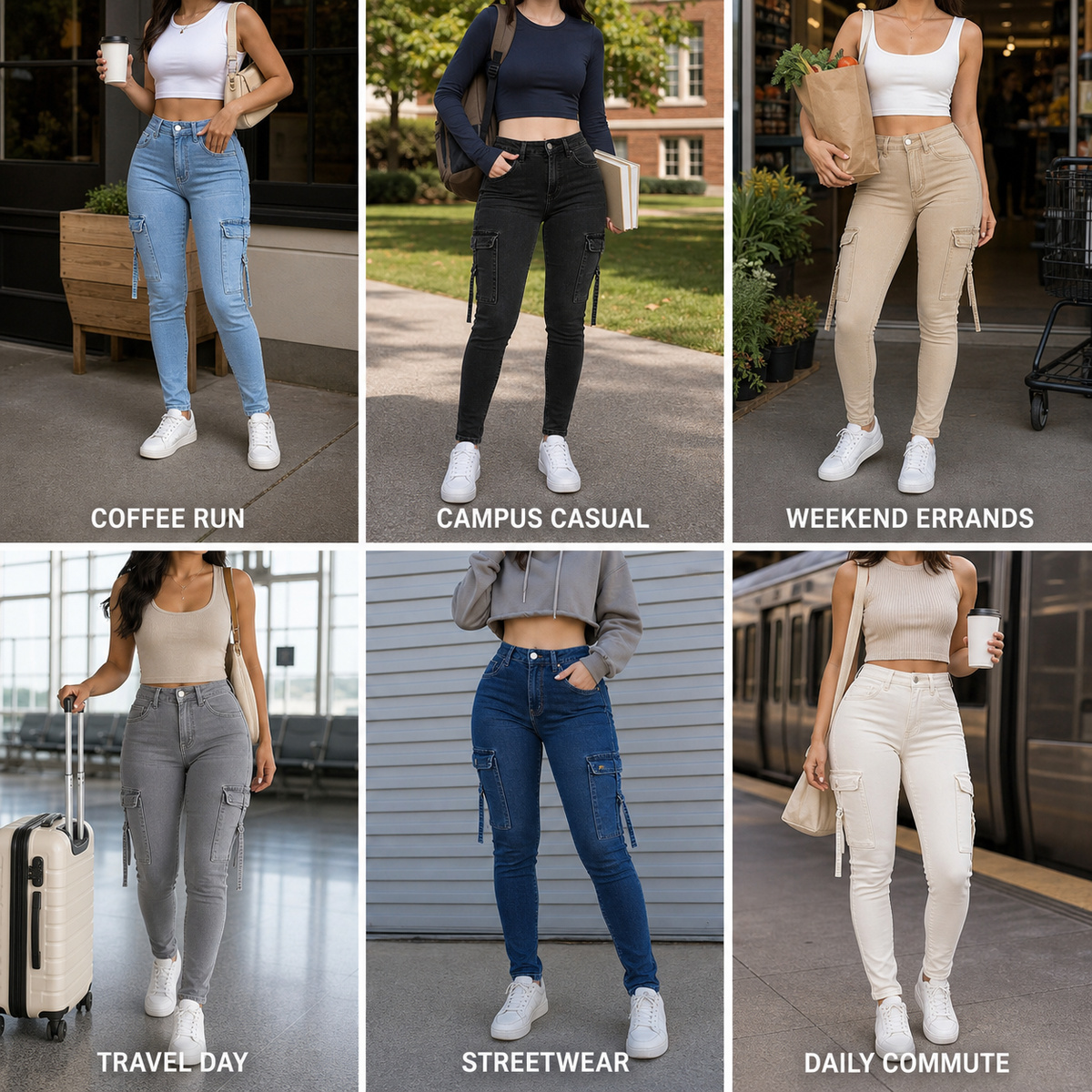 Real-life styling scenes for denim cargo pants