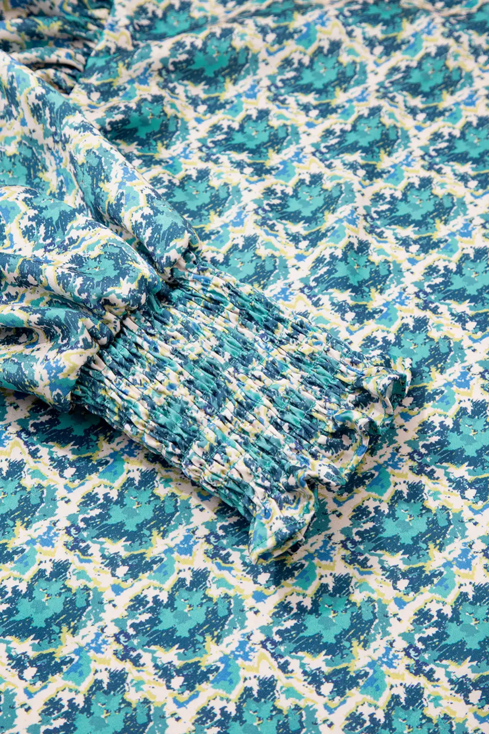 Abstract Print Shirred Puff Sleeve Blouse