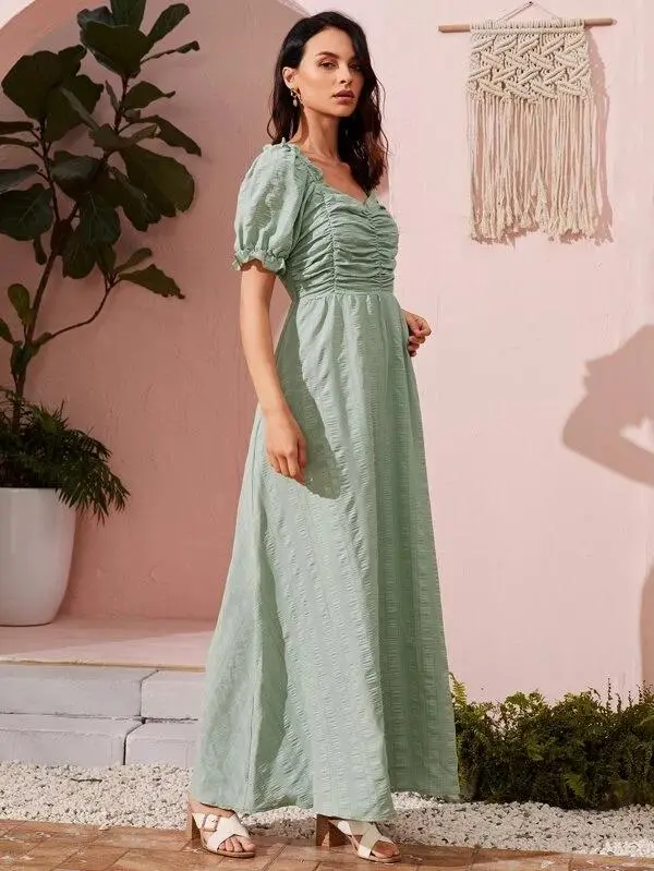 Women Ruched Front Shirred Maxi A-line Dress