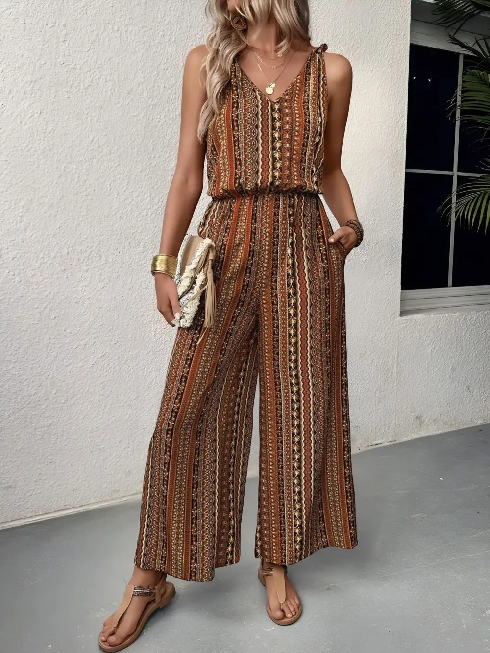 Floral-Print Sleeveless Lace-Up Pocket Jumpsuit