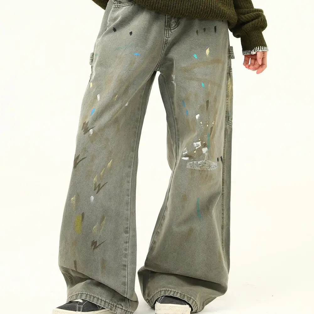 Distressed Splash Print Wide Leg Jeans