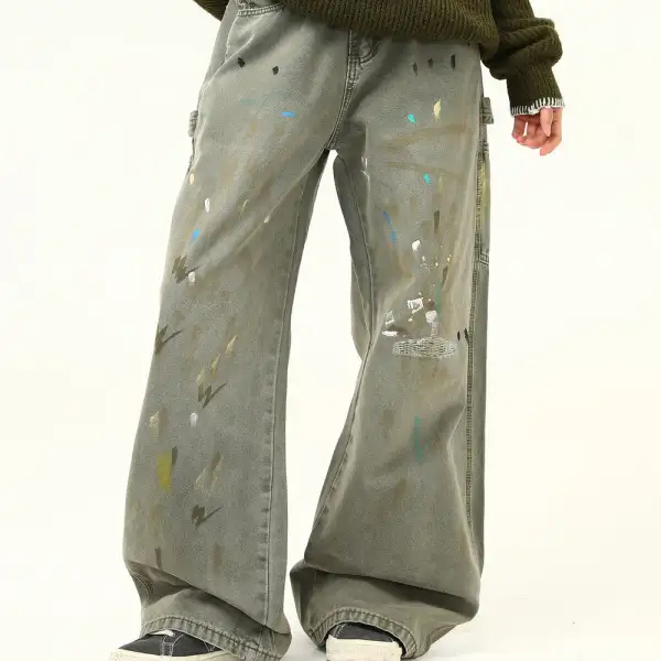 Distressed Splash Print Wide Leg Jeans