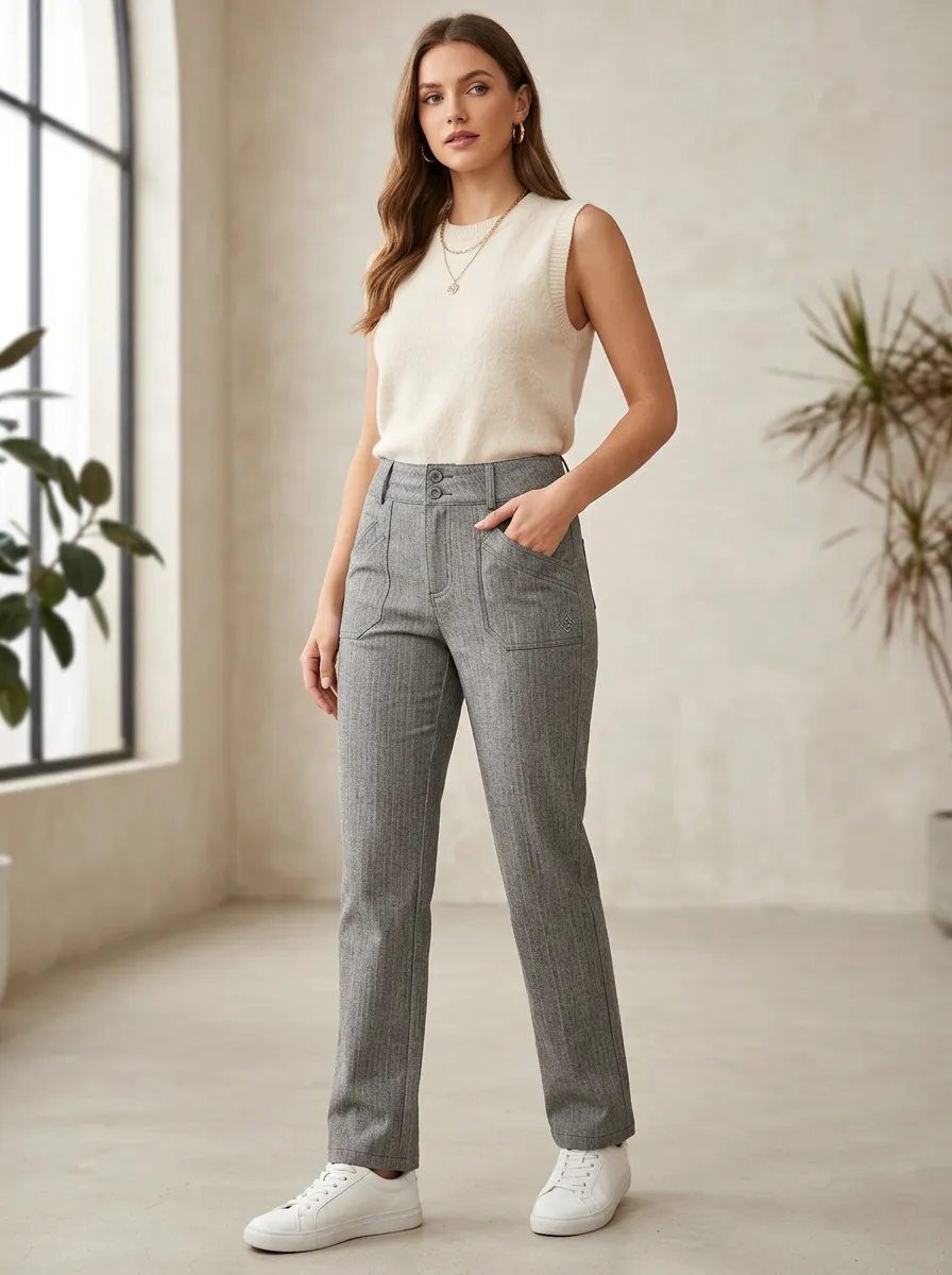 Women's Casual Style Grey Herringbone Pattern Printed Pants